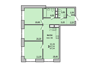 Трёхкомнатные квартиры 67,54