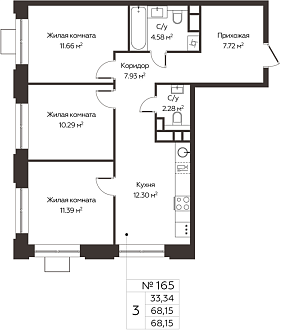 Трёхкомнатные квартиры 68,15